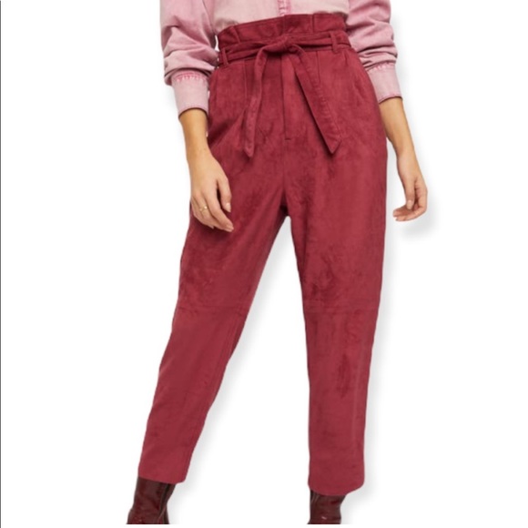 NWT Free People Nightfall Vegan Suede Pomegranate Waist Tye Pants Size 14 - Picture 2 of 16
